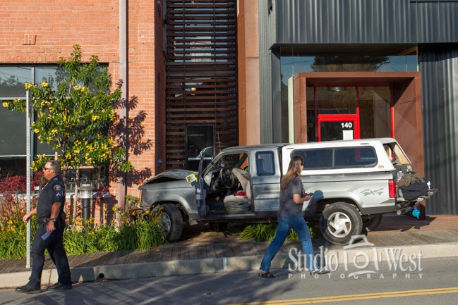 Rail Road Square San Luis Obispo Truck vrs 100 year old building, building wins