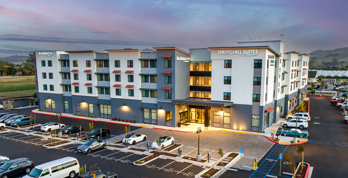 Marriot Hotel San Luis Obispo Dusk Photograph from Drone - FAA Certified Drone Photographer - Studio 101 West Drone Photography Marriot Spring Hill Suites San Luis Obispo, CA Aerial Drone Photography - Dusk Shot Drone Photography - Dual Brand Marriot Birds-eye-view - Licensed Drone Photographer - Dennis Swanson - Studio 101 West Drone Photography - Drone photographer near San Luis Obispo, CA